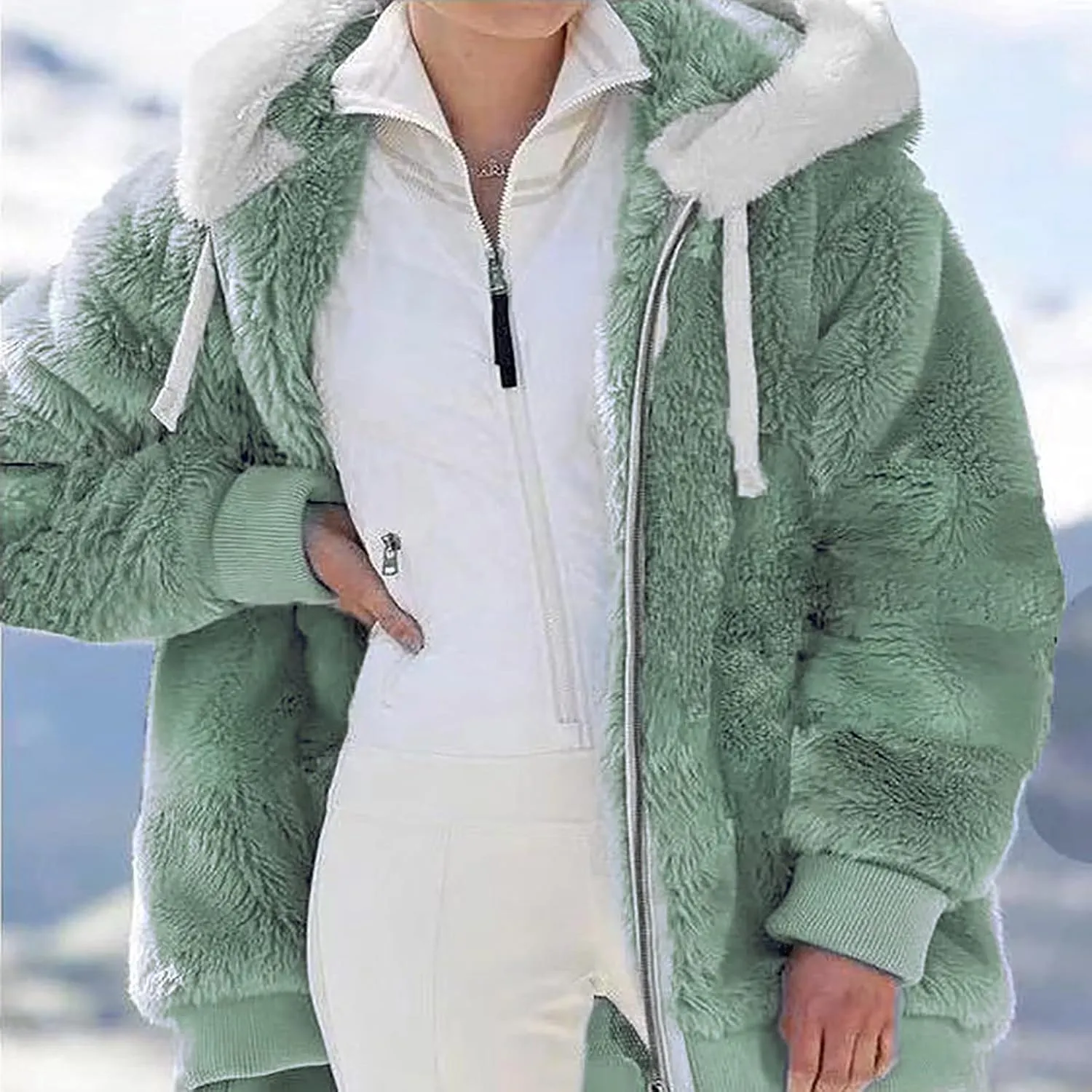 Women's Contrasting Lamb Wool Padded Coat Trendy Faux Shearling Coat Warm Hooded Zip Up Fuzzy Winter Jacket with Pockets