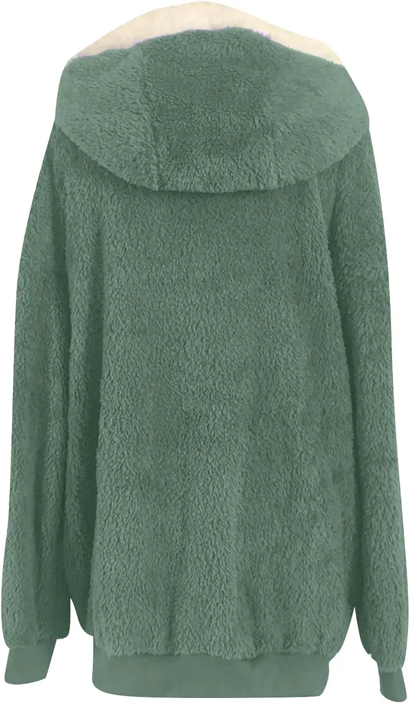 Women's Contrasting Lamb Wool Padded Coat Trendy Faux Shearling Coat Warm Hooded Zip Up Fuzzy Winter Jacket with Pockets