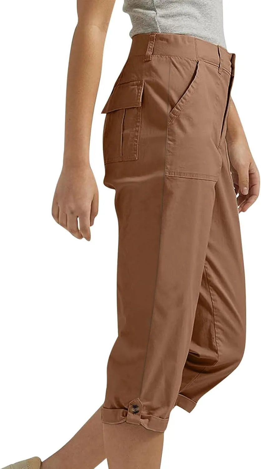 Women's Cropped Cargo Pants Summer Casual Elastic Waist Lightweight Stretch Rolled Hem Capris with Pockets