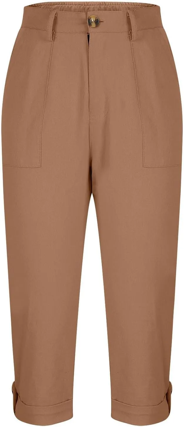 Women's Cropped Cargo Pants Summer Casual Elastic Waist Lightweight Stretch Rolled Hem Capris with Pockets