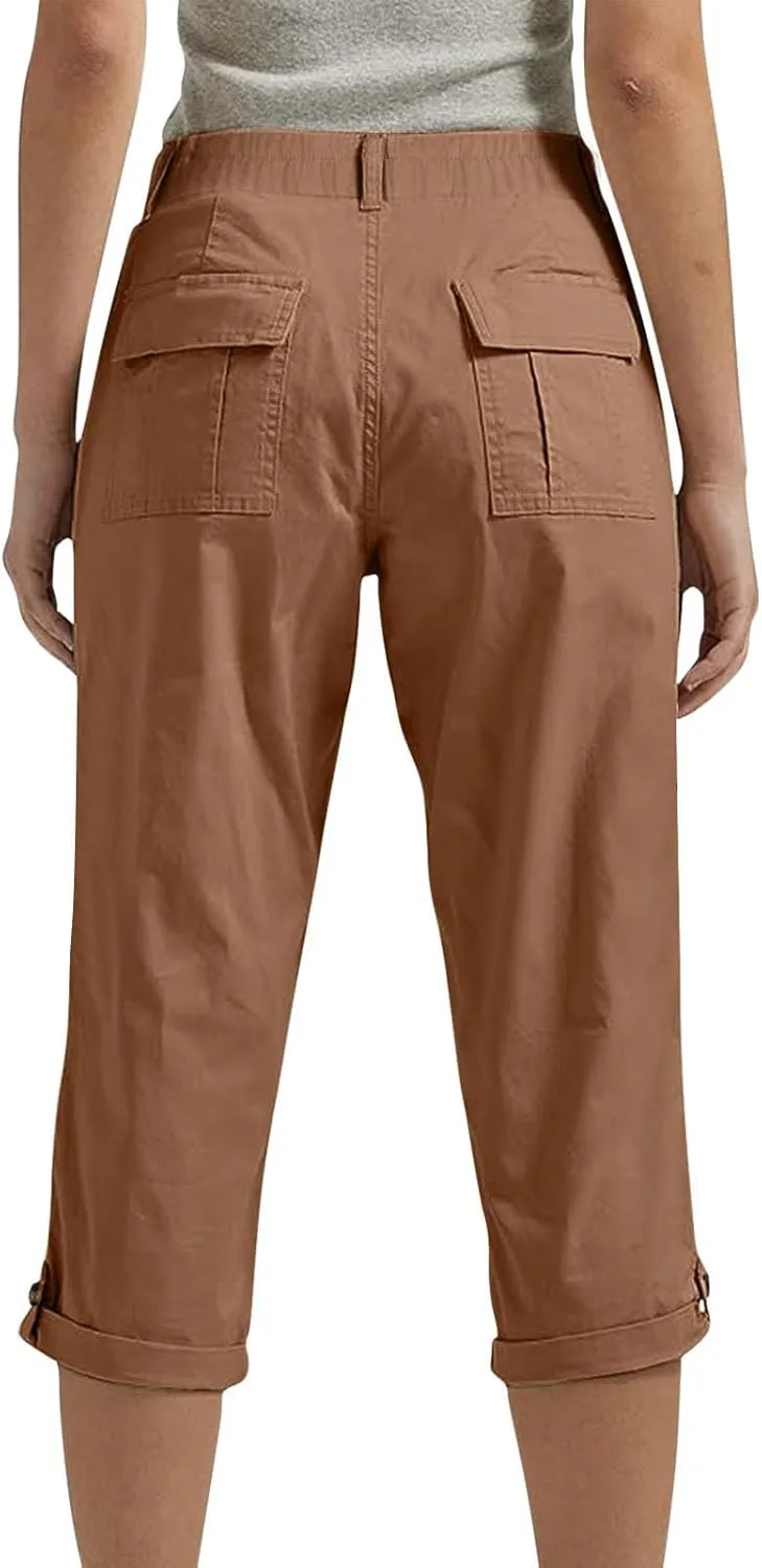 Women's Cropped Cargo Pants Summer Casual Elastic Waist Lightweight Stretch Rolled Hem Capris with Pockets