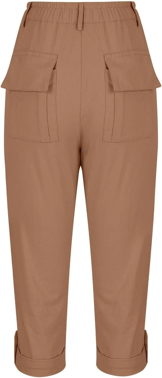 Women's Cropped Cargo Pants Summer Casual Elastic Waist Lightweight Stretch Rolled Hem Capris with Pockets
