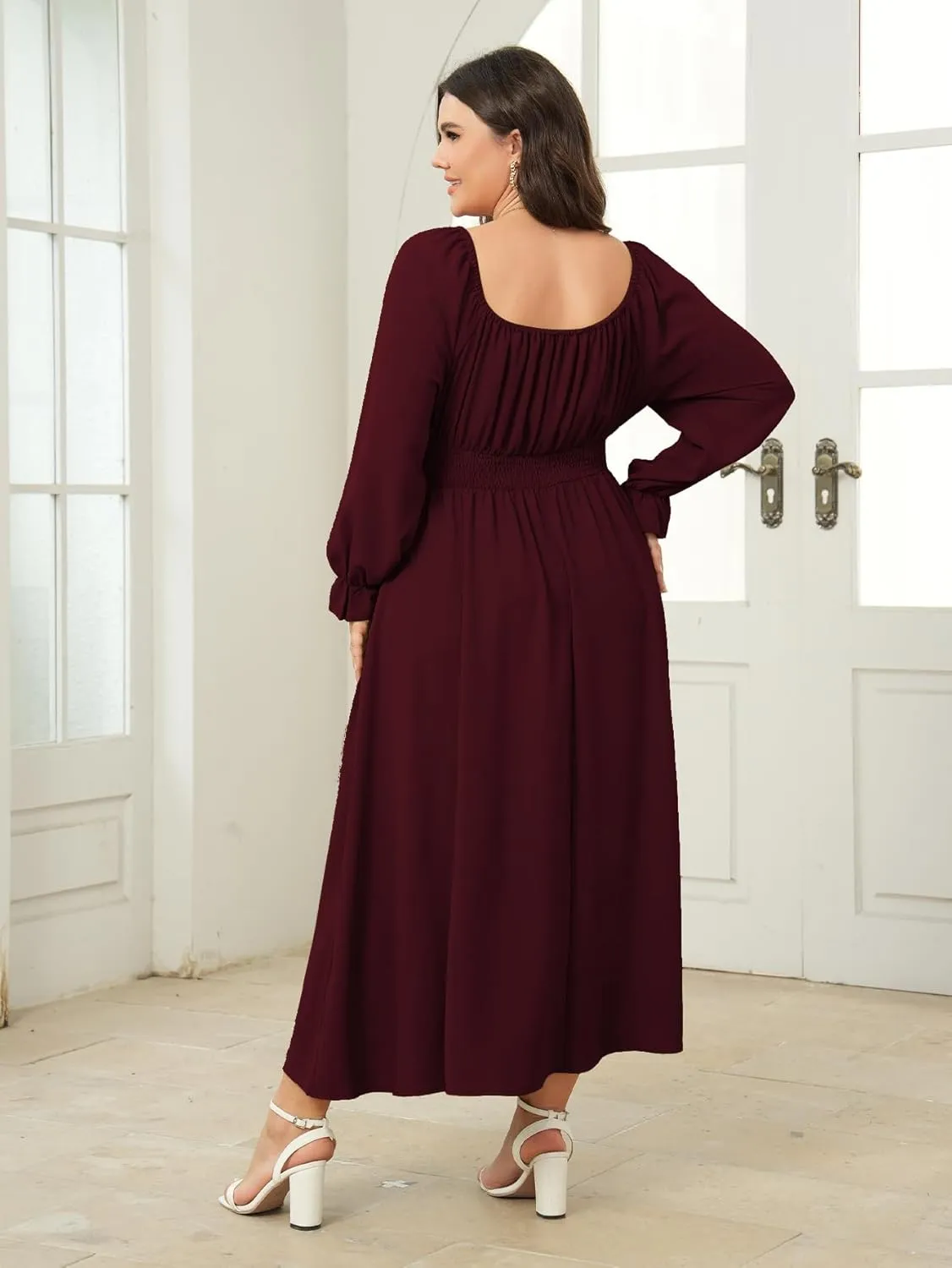 Women's Plus Size Dress Long Sleeve Smocked Dress Square Neck Tie Front Split A-Line Maxi Long Dresses