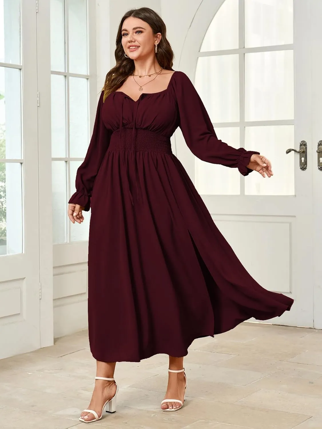 Women's Plus Size Dress Long Sleeve Smocked Dress Square Neck Tie Front Split A-Line Maxi Long Dresses