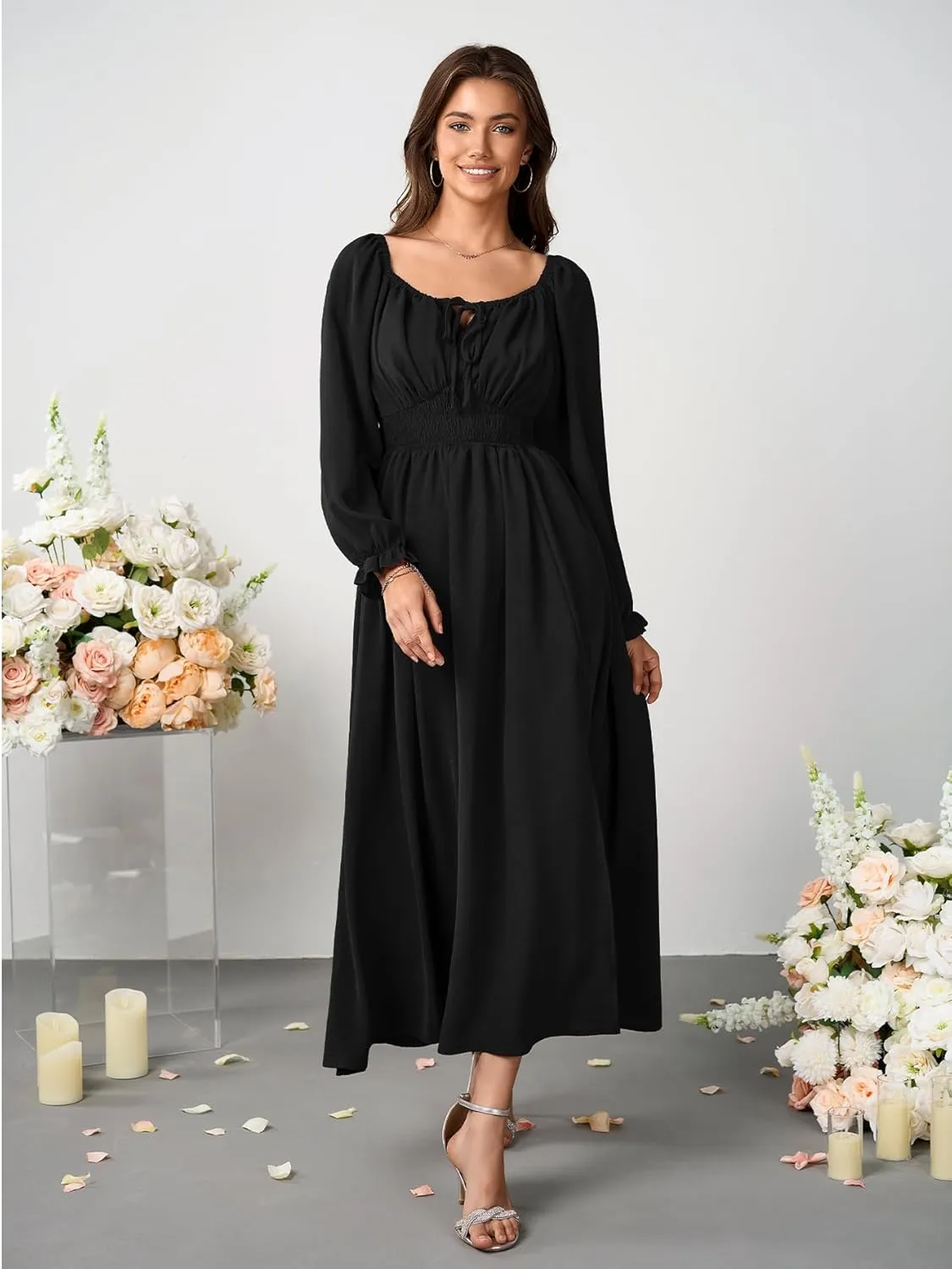 Women's Plus Size Dress Long Sleeve Smocked Dress Square Neck Tie Front Split A-Line Maxi Long Dresses