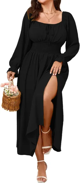 Women's Plus Size Dress Long Sleeve Smocked Dress Square Neck Tie Front Split A-Line Maxi Long Dresses