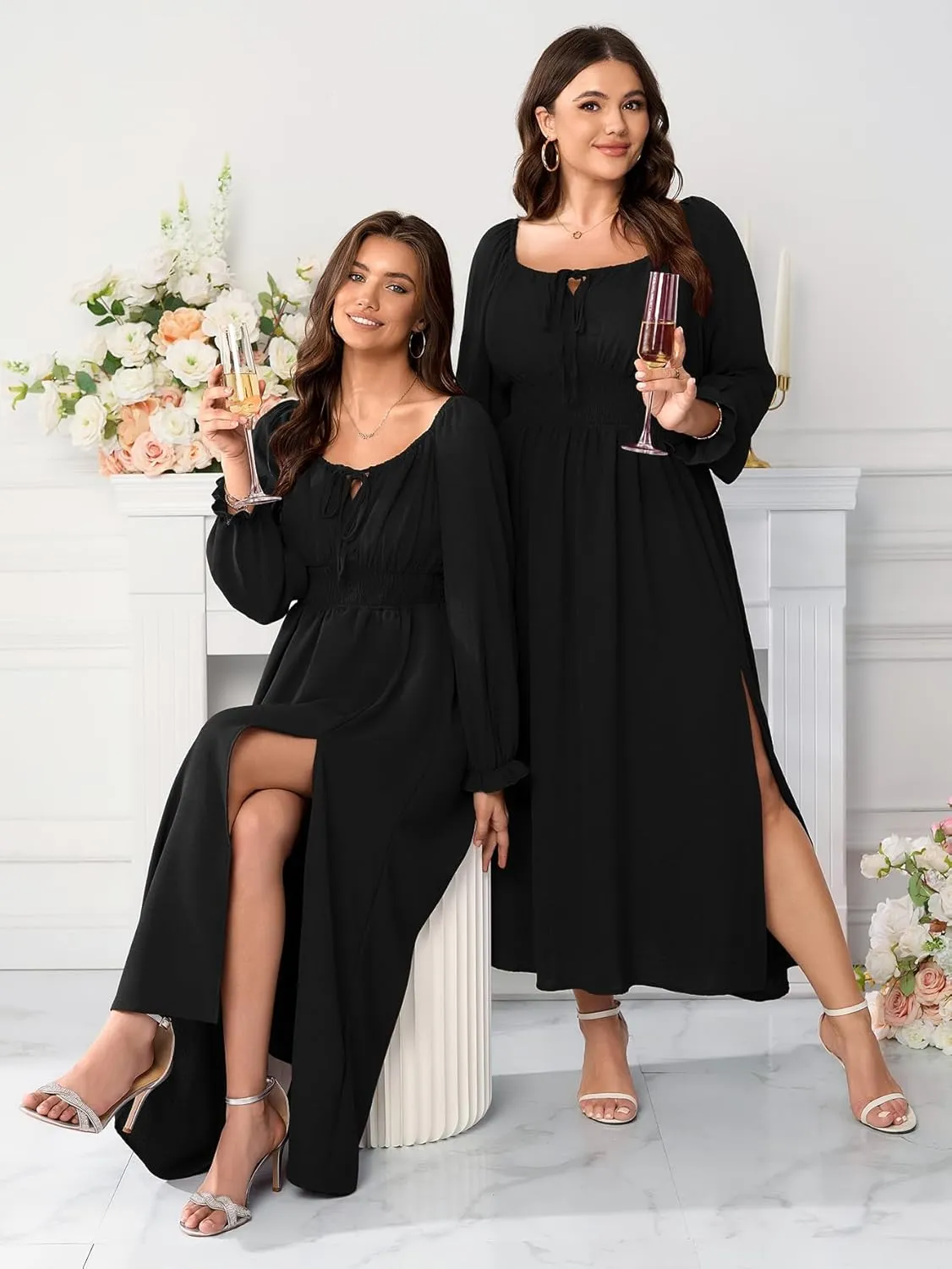Women's Plus Size Dress Long Sleeve Smocked Dress Square Neck Tie Front Split A-Line Maxi Long Dresses