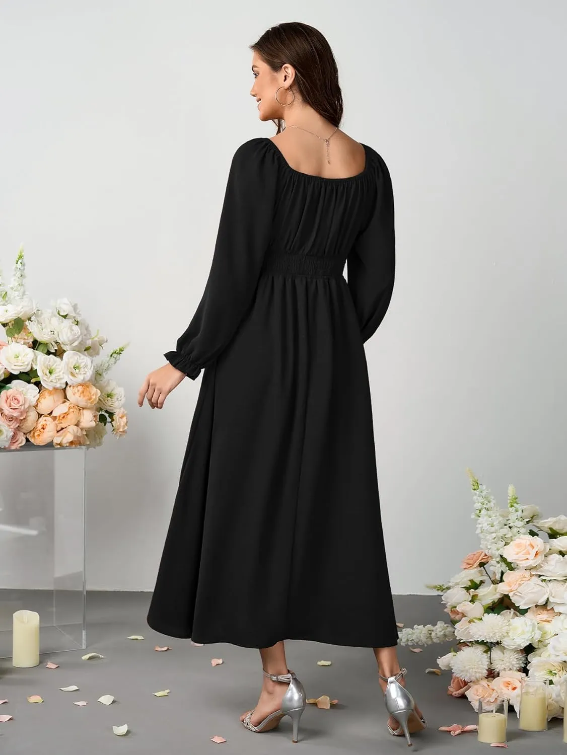 Women's Plus Size Dress Long Sleeve Smocked Dress Square Neck Tie Front Split A-Line Maxi Long Dresses