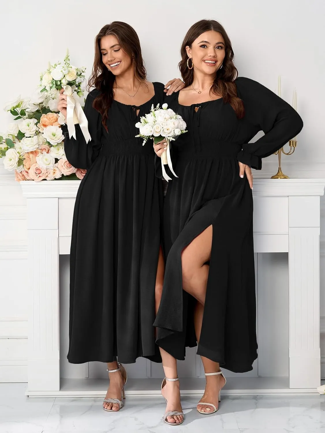 Women's Plus Size Dress Long Sleeve Smocked Dress Square Neck Tie Front Split A-Line Maxi Long Dresses