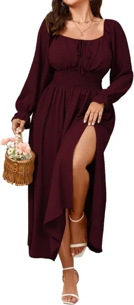 Women's Plus Size Dress Long Sleeve Smocked Dress Square Neck Tie Front Split A-Line Maxi Long Dresses