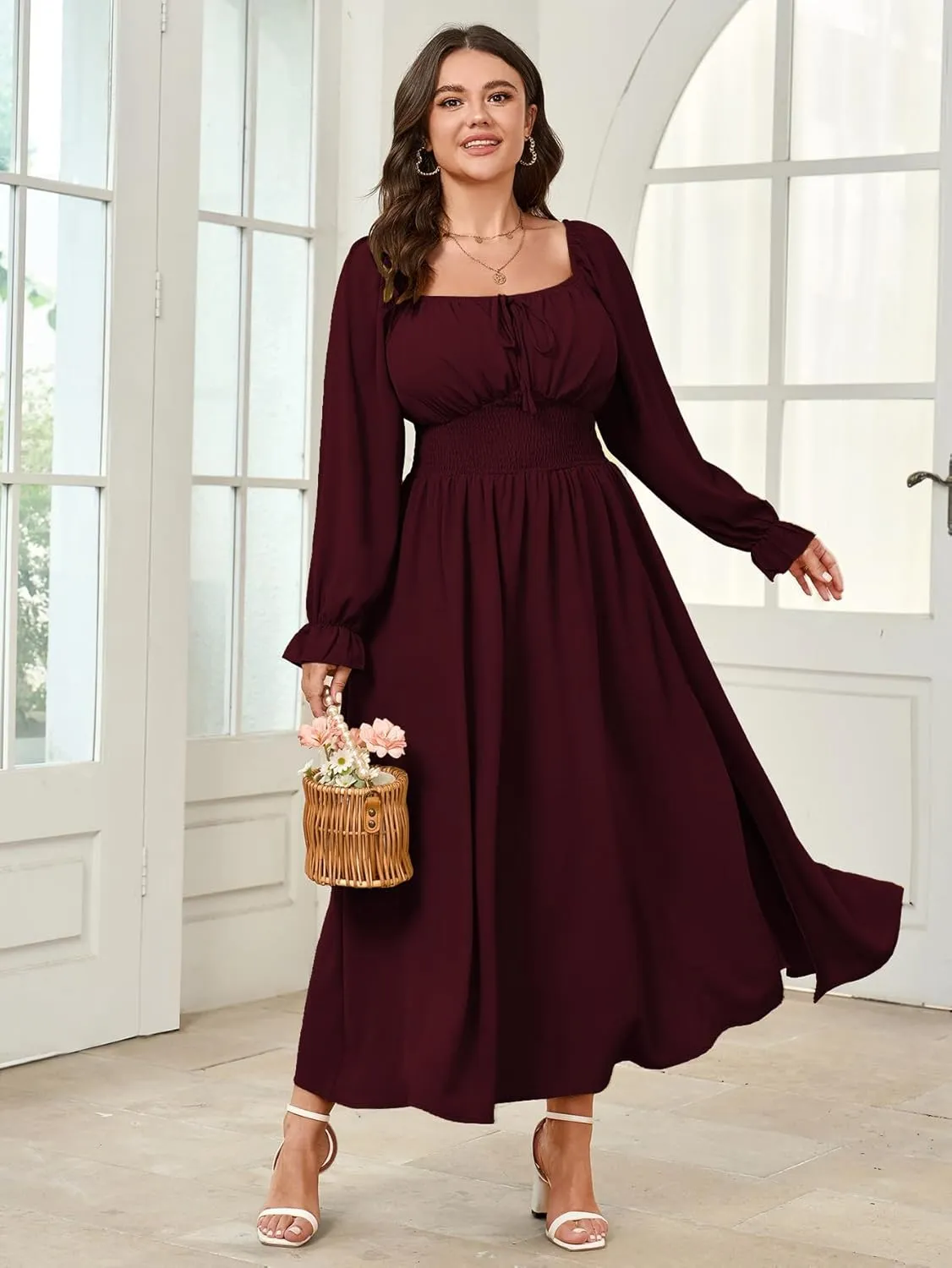 Women's Plus Size Dress Long Sleeve Smocked Dress Square Neck Tie Front Split A-Line Maxi Long Dresses
