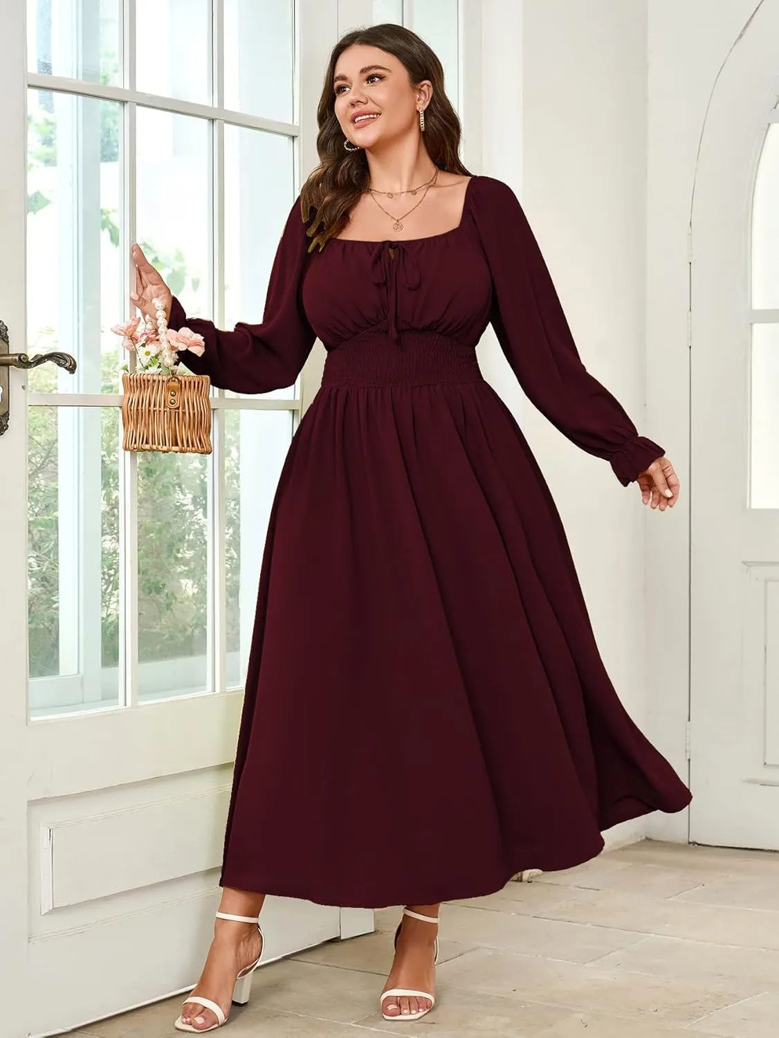 Women's Plus Size Dress Long Sleeve Smocked Dress Square Neck Tie Front Split A-Line Maxi Long Dresses