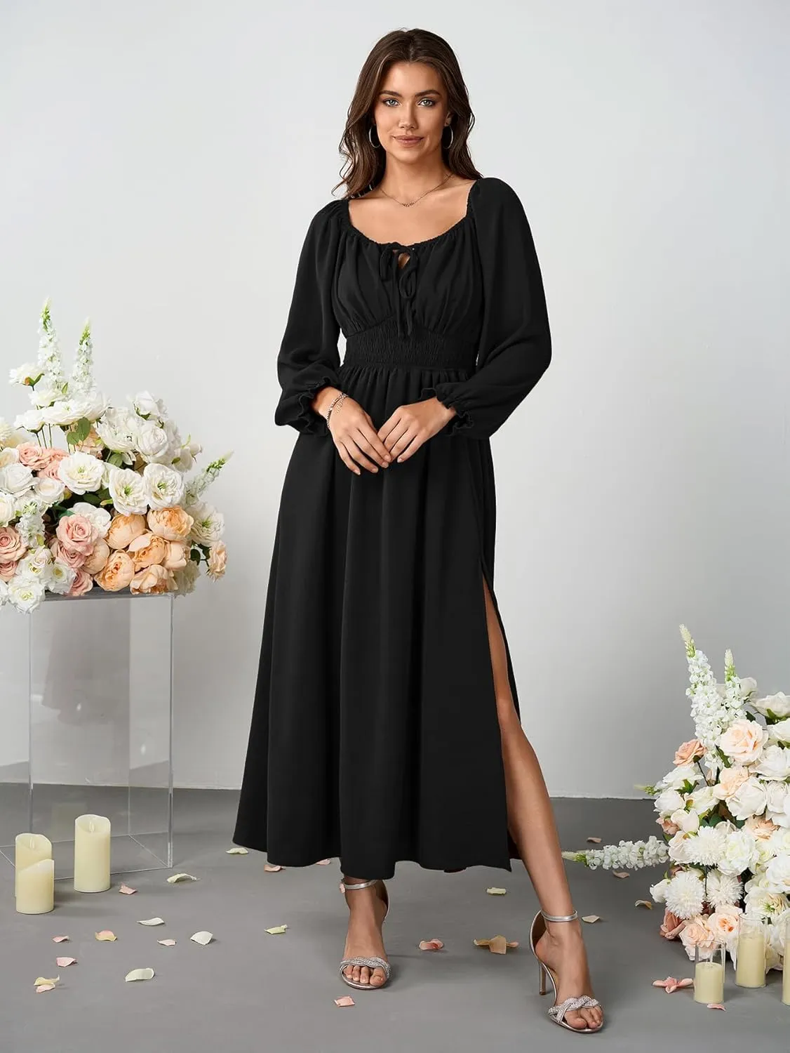 Women's Plus Size Dress Long Sleeve Smocked Dress Square Neck Tie Front Split A-Line Maxi Long Dresses