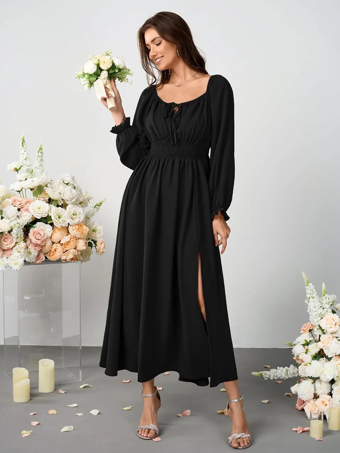 Women's Plus Size Dress Long Sleeve Smocked Dress Square Neck Tie Front Split A-Line Maxi Long Dresses