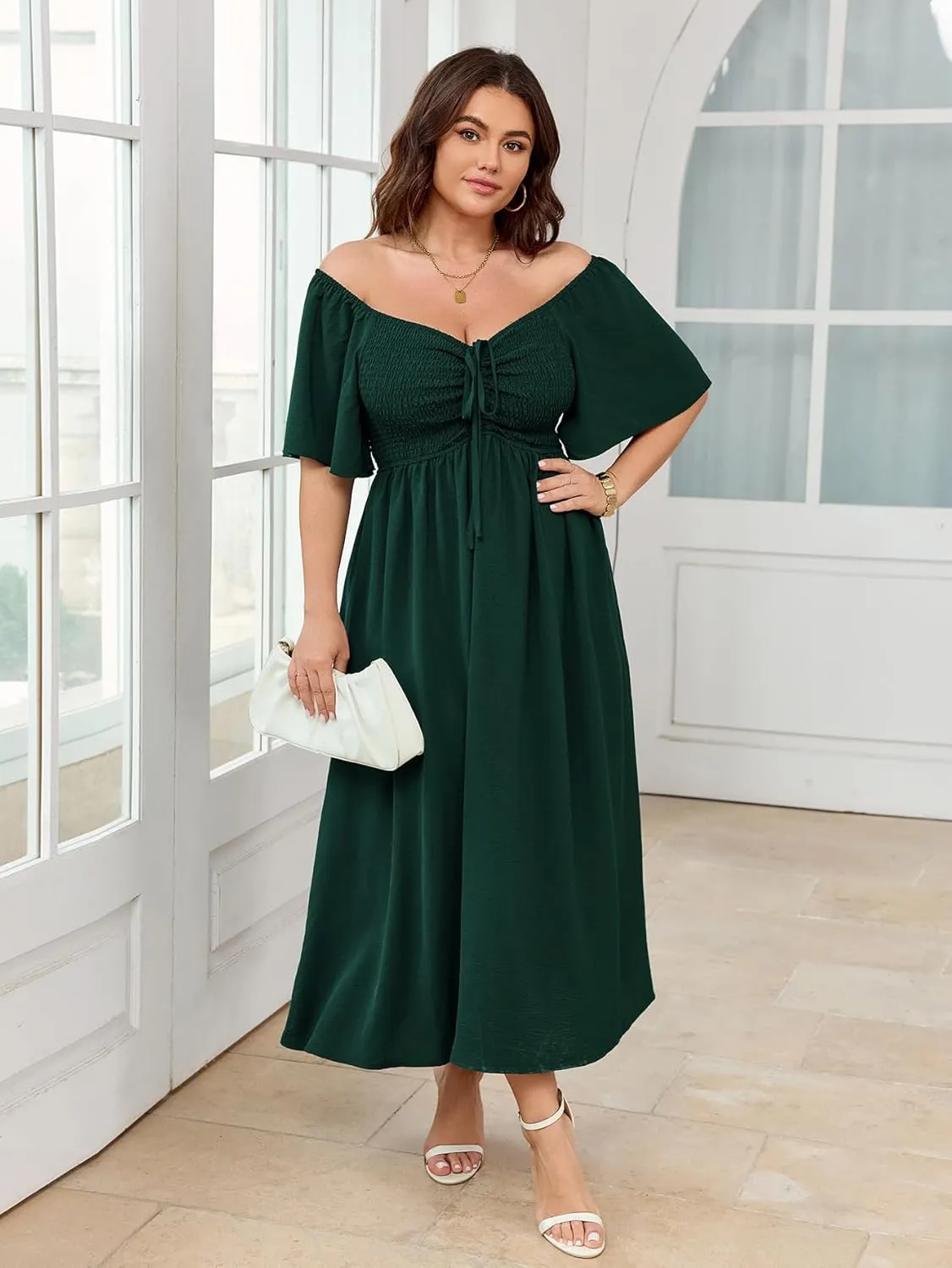 Women's Plus Size Maxi Dress Short Sleeve Square Neck Smocked A Line Flowy Formal Dress