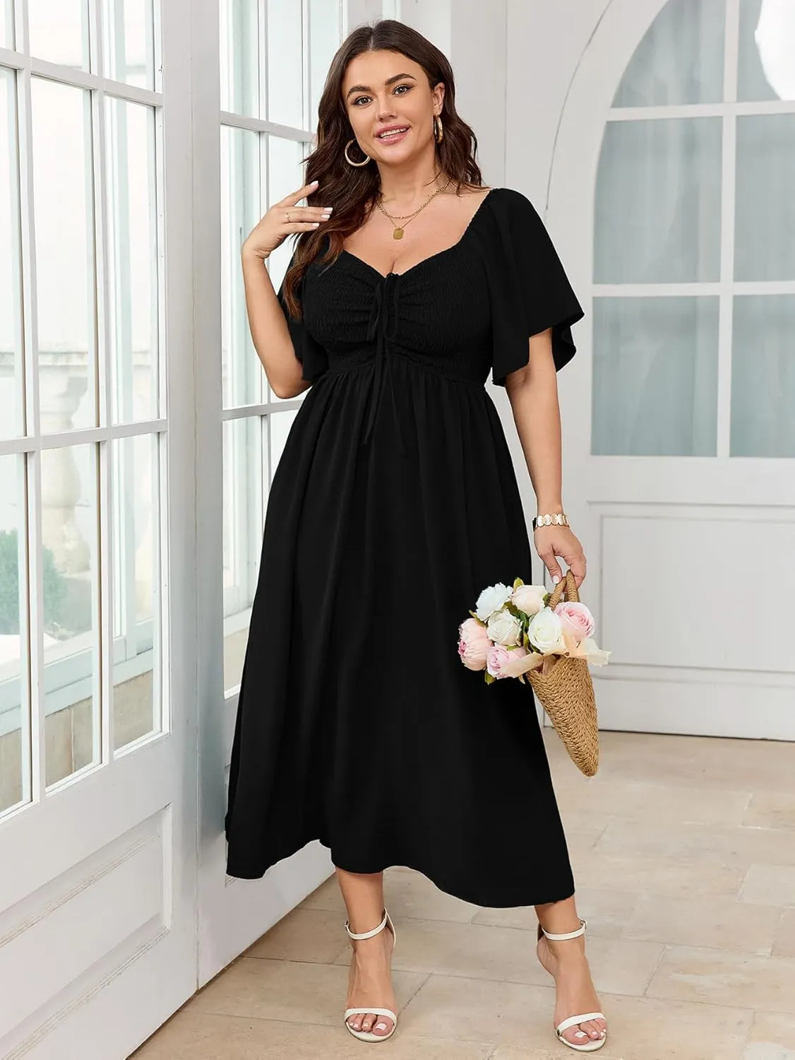 Women's Plus Size Maxi Dress Short Sleeve Square Neck Smocked A Line Flowy Formal Dress