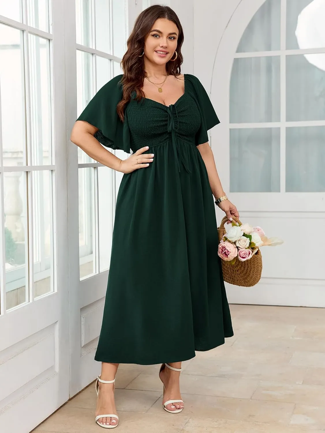 Women's Plus Size Maxi Dress Short Sleeve Square Neck Smocked A Line Flowy Formal Dress