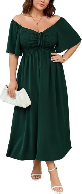 Women's Plus Size Maxi Dress Short Sleeve Square Neck Smocked A Line Flowy Formal Dress