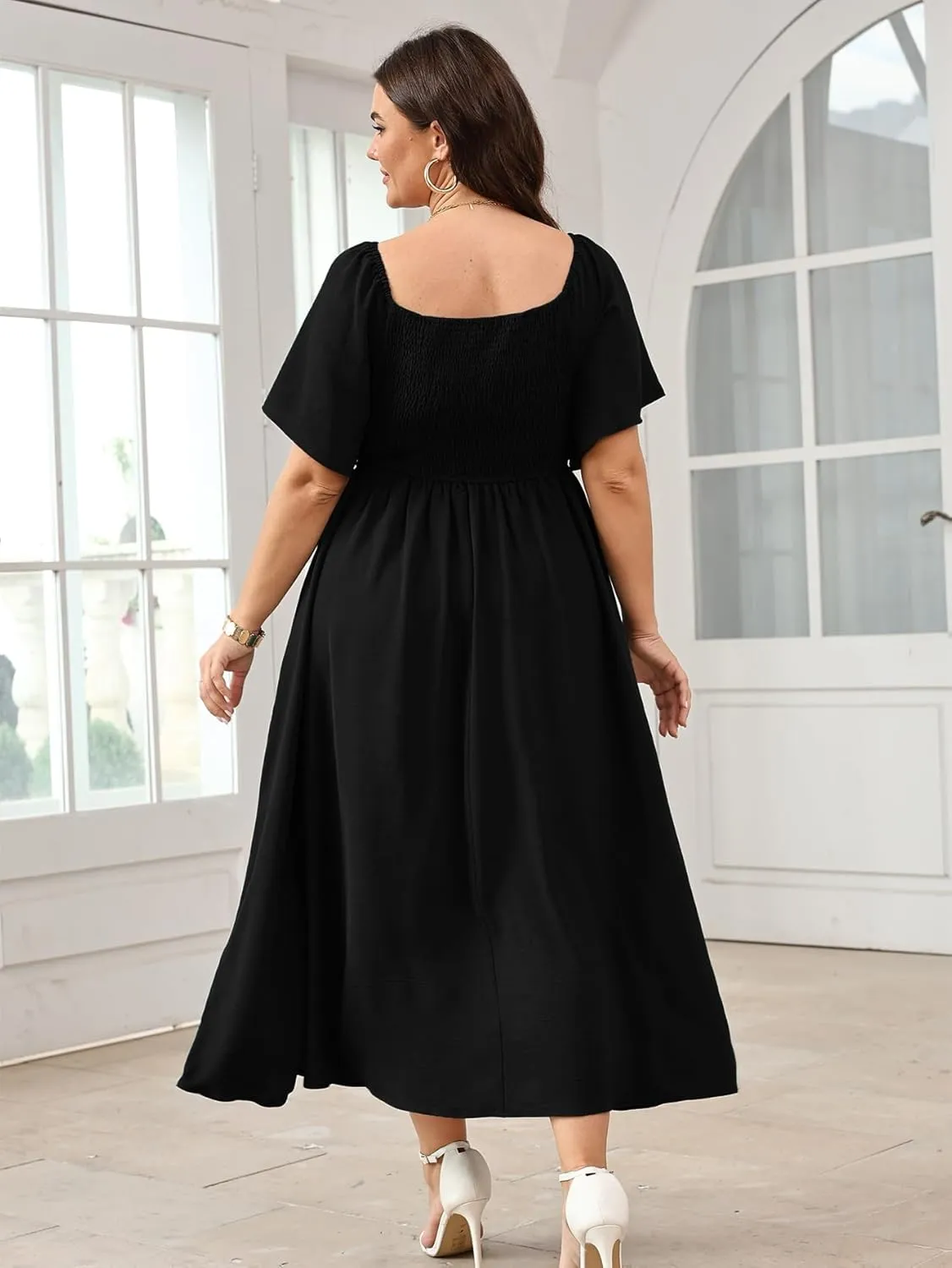Women's Plus Size Maxi Dress Short Sleeve Square Neck Smocked A Line Flowy Formal Dress
