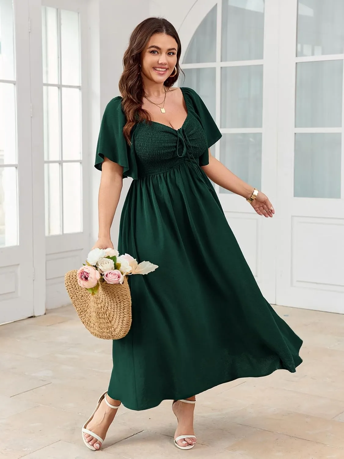 Women's Plus Size Maxi Dress Short Sleeve Square Neck Smocked A Line Flowy Formal Dress