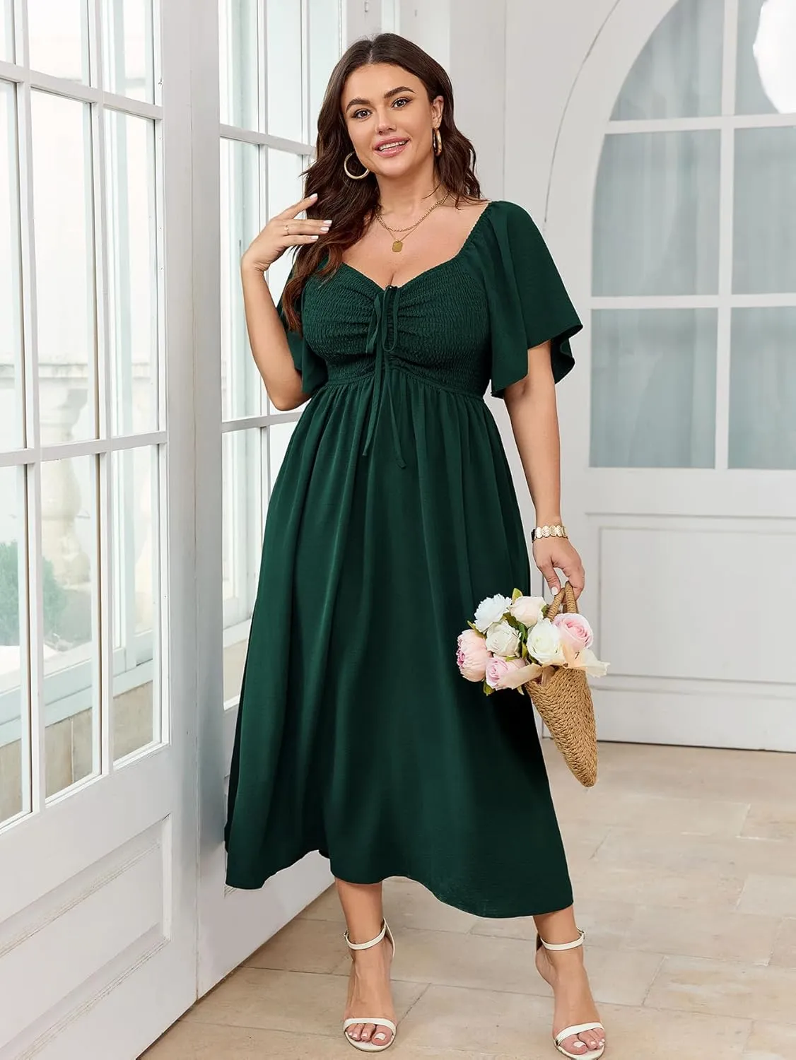 Women's Plus Size Maxi Dress Short Sleeve Square Neck Smocked A Line Flowy Formal Dress