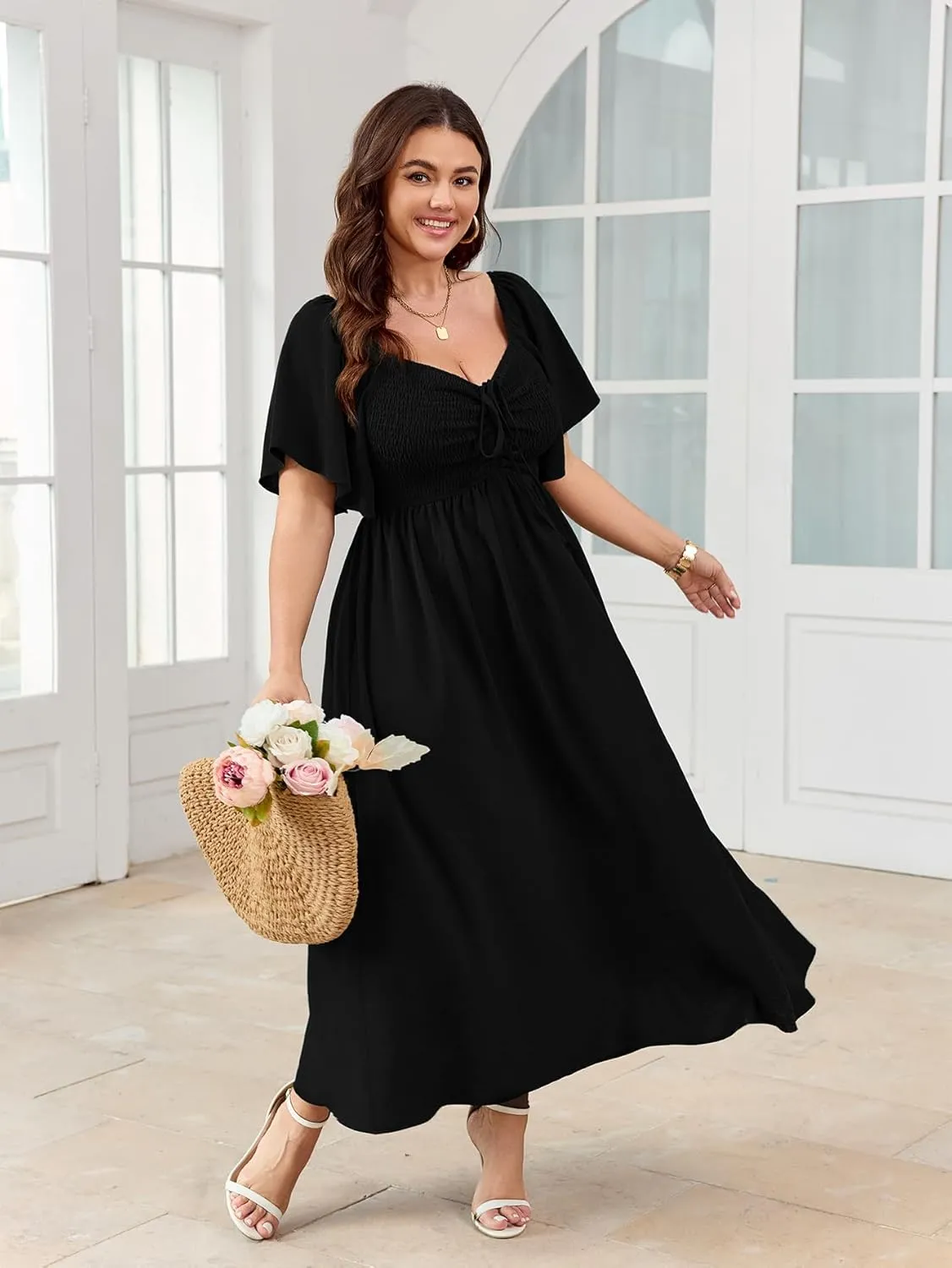 Women's Plus Size Maxi Dress Short Sleeve Square Neck Smocked A Line Flowy Formal Dress