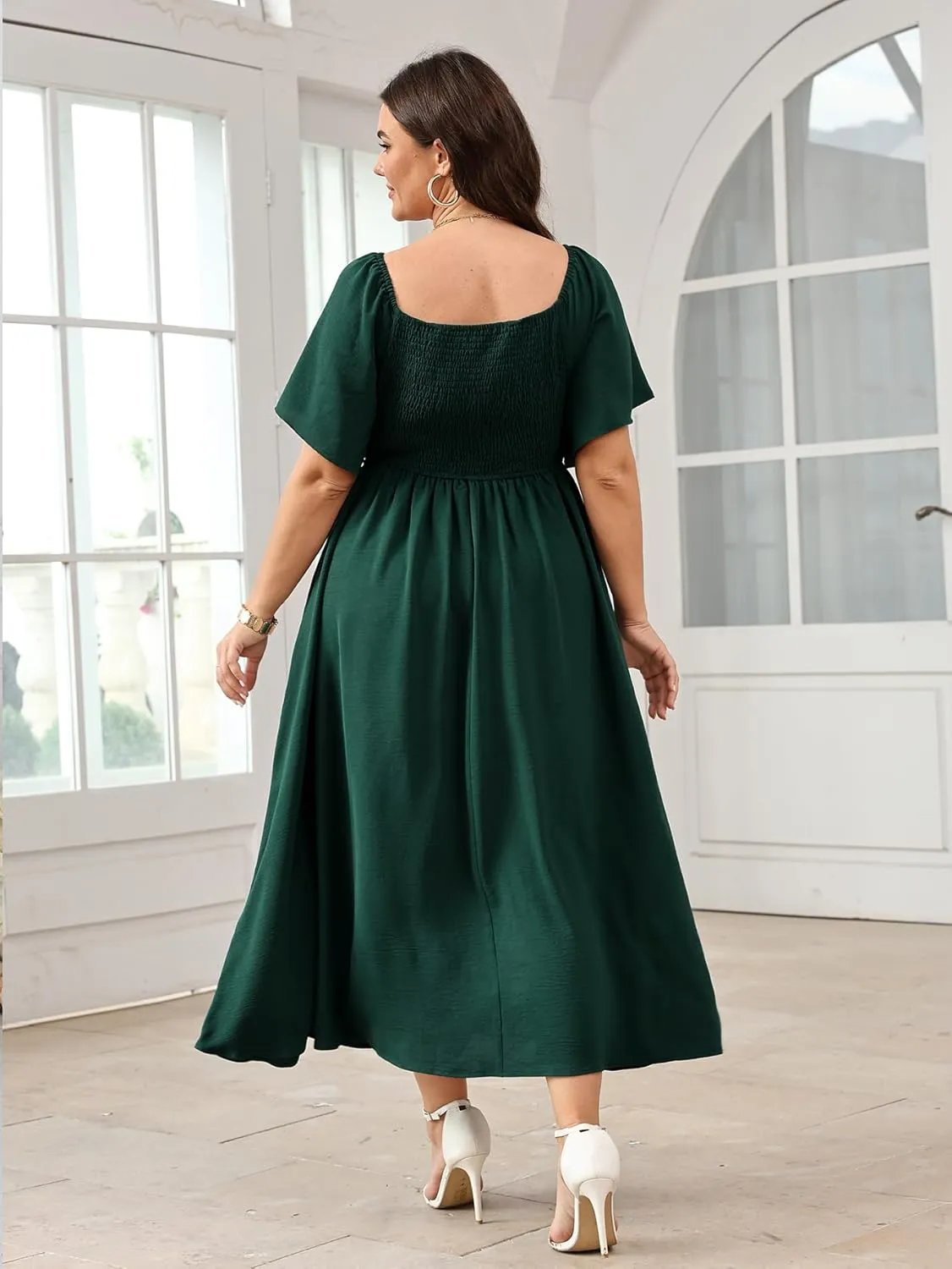 Women's Plus Size Maxi Dress Short Sleeve Square Neck Smocked A Line Flowy Formal Dress