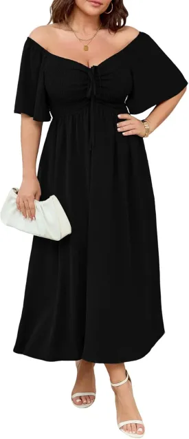 Women's Plus Size Maxi Dress Short Sleeve Square Neck Smocked A Line Flowy Formal Dress
