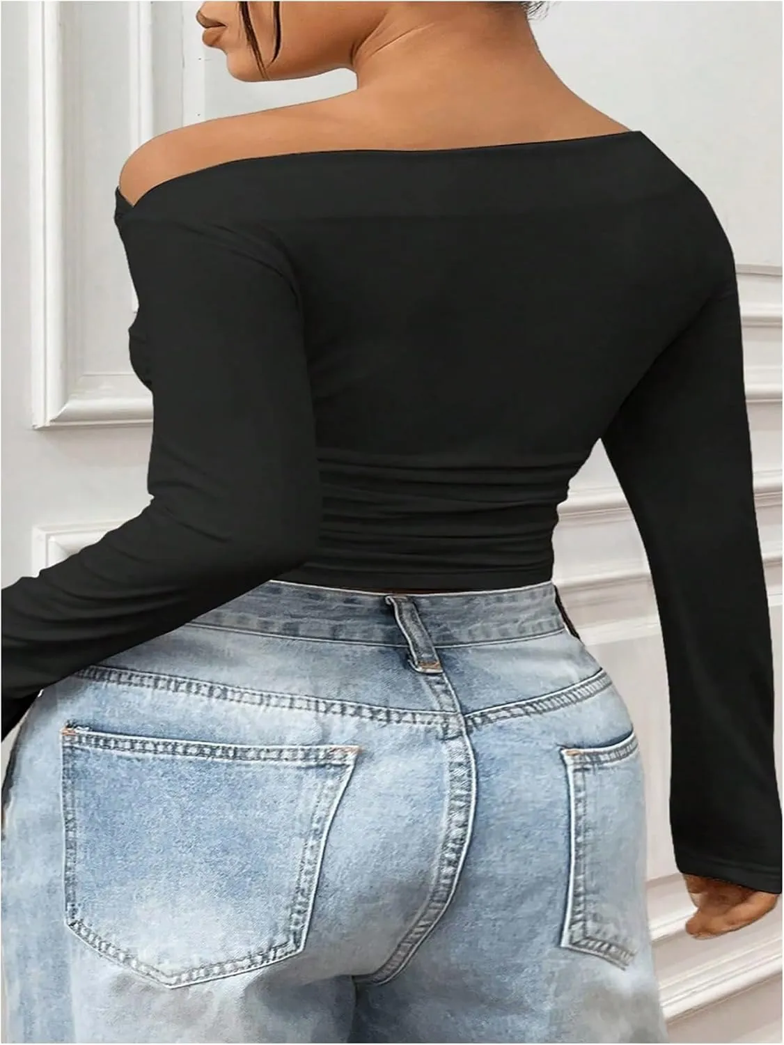 Women's Plus Size Off The Shoulder Ruched Crop Tops Long Sleeve Slim Fit Tee Going Out T Shirt