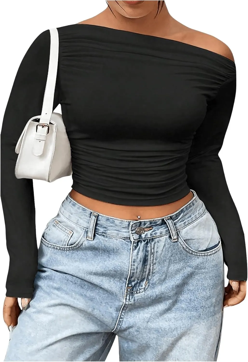 Women's Plus Size Off The Shoulder Ruched Crop Tops Long Sleeve Slim Fit Tee Going Out T Shirt