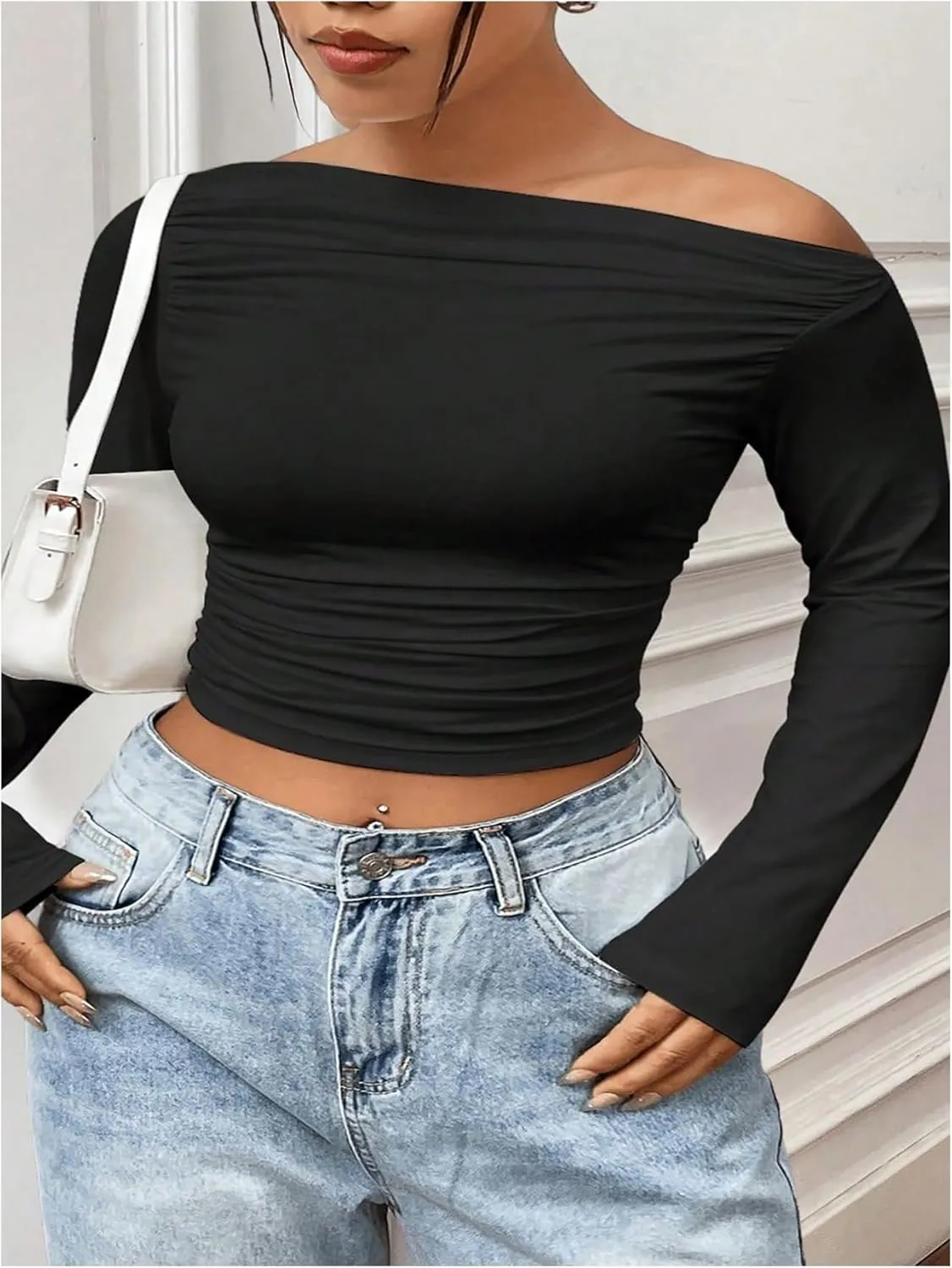 Women's Plus Size Off The Shoulder Ruched Crop Tops Long Sleeve Slim Fit Tee Going Out T Shirt