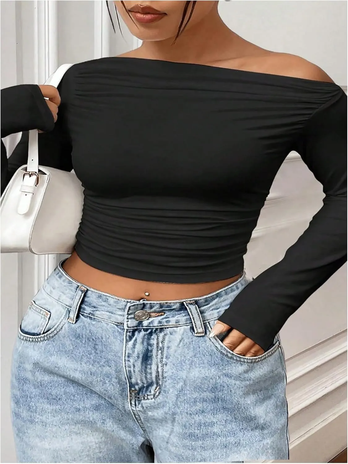Women's Plus Size Off The Shoulder Ruched Crop Tops Long Sleeve Slim Fit Tee Going Out T Shirt