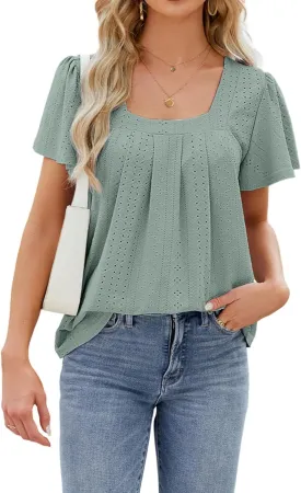 Womens Short Sleeve Square Neck Shirts 2024 Summer Dressy Casual Loose Tops Summer Tee Shirt