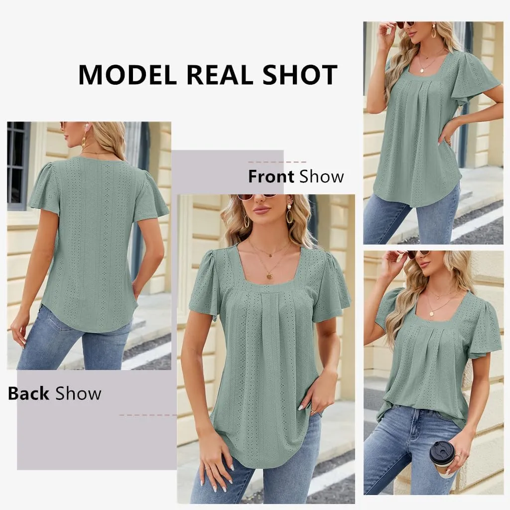 Womens Short Sleeve Square Neck Shirts 2024 Summer Dressy Casual Loose Tops Summer Tee Shirt