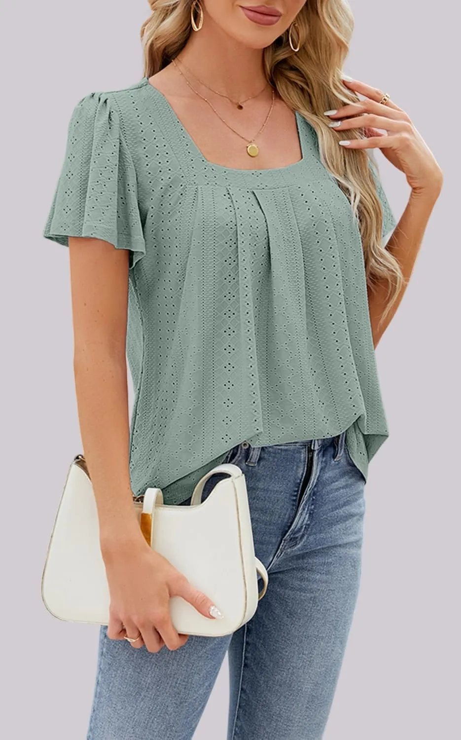 Womens Short Sleeve Square Neck Shirts 2024 Summer Dressy Casual Loose Tops Summer Tee Shirt