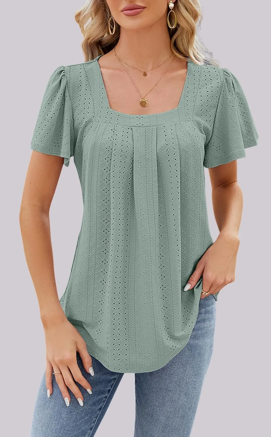 Womens Short Sleeve Square Neck Shirts 2024 Summer Dressy Casual Loose Tops Summer Tee Shirt