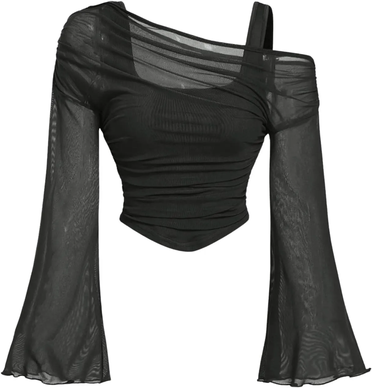Women's Y2K Lettuce Trim Long Bell Sleeve 2 in 1 T Shirts Mesh Asymmetrical Neck Ruched Tee Shirts Crop Top