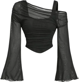 Women's Y2K Lettuce Trim Long Bell Sleeve 2 in 1 T Shirts Mesh Asymmetrical Neck Ruched Tee Shirts Crop Top