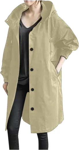 XUNRYAN Plus Size Women's Trench Jackets Rain Jacket Loose Hooded Oversized Elegant Windbreaker Comfortable Coat Outwear