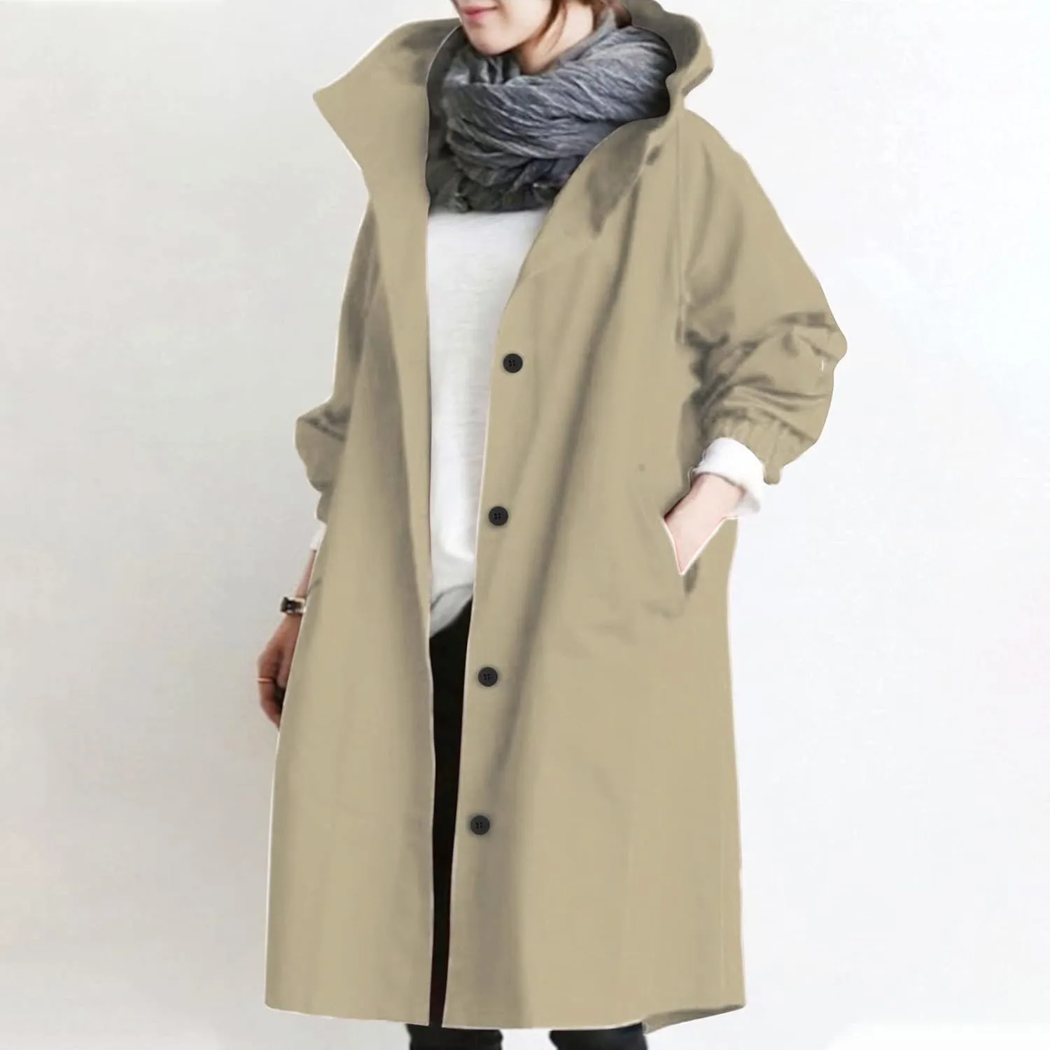 XUNRYAN Plus Size Women's Trench Jackets Rain Jacket Loose Hooded Oversized Elegant Windbreaker Comfortable Coat Outwear