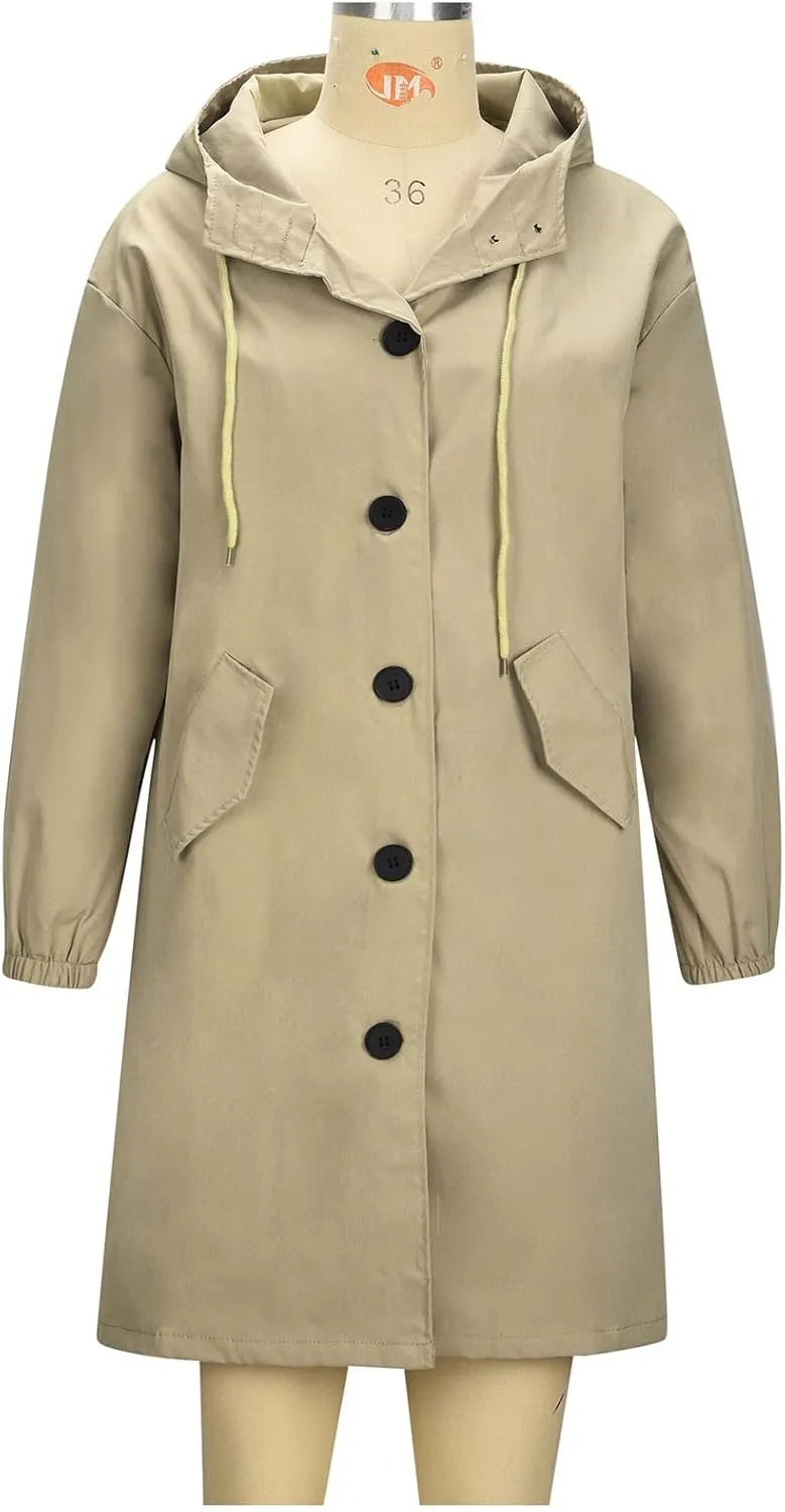 XUNRYAN Plus Size Women's Trench Jackets Rain Jacket Loose Hooded Oversized Elegant Windbreaker Comfortable Coat Outwear