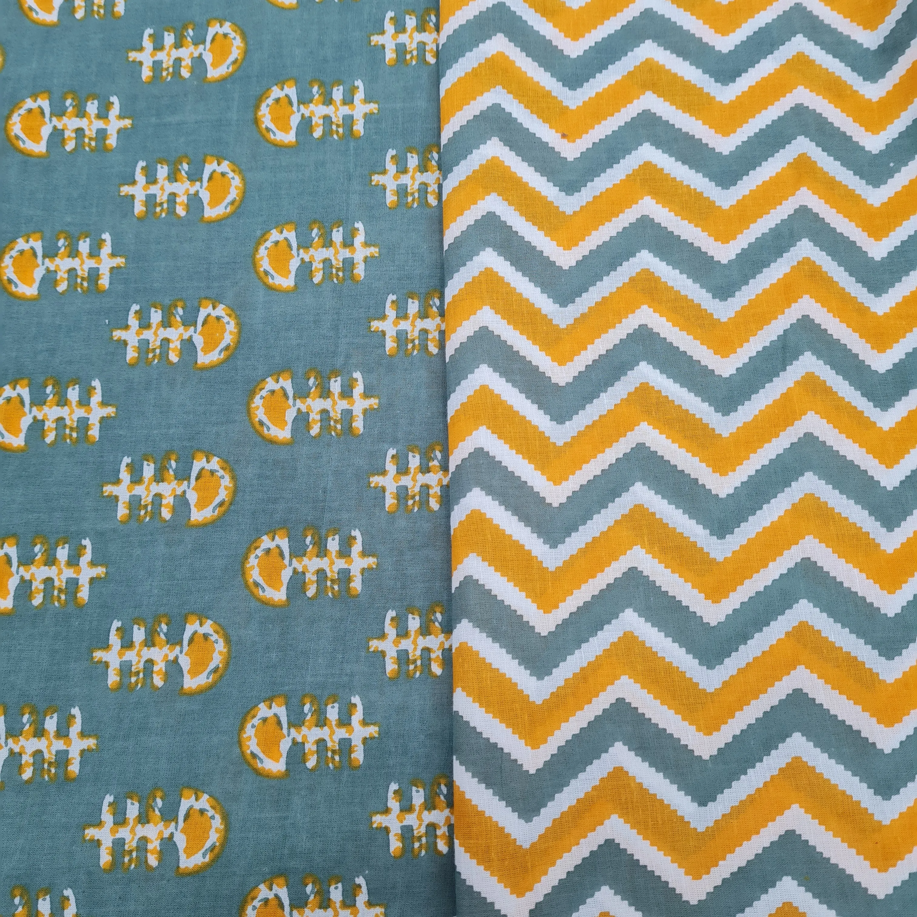 Yellow & Green Chevron Print & Green Handblock Print