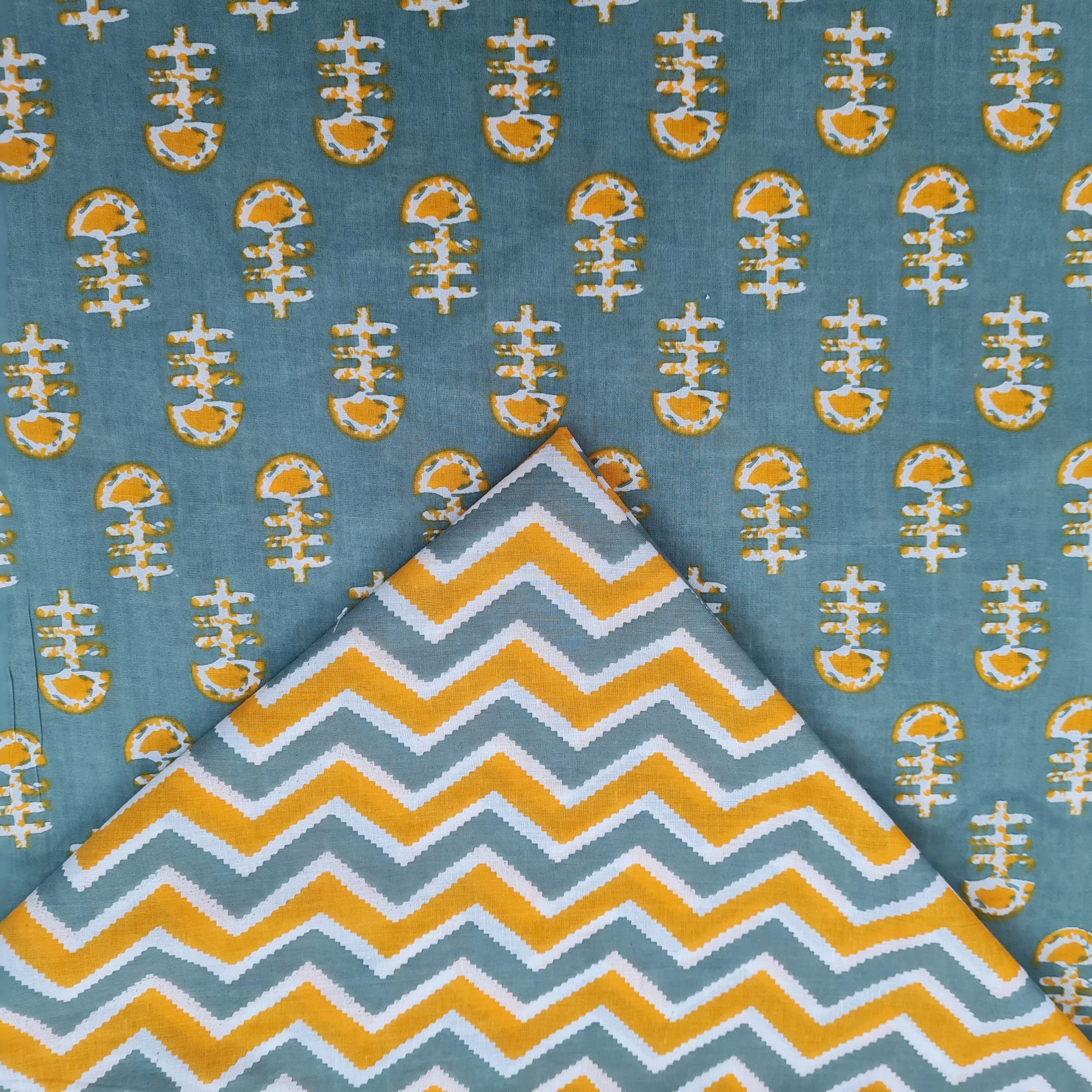 Yellow & Green Chevron Print & Green Handblock Print