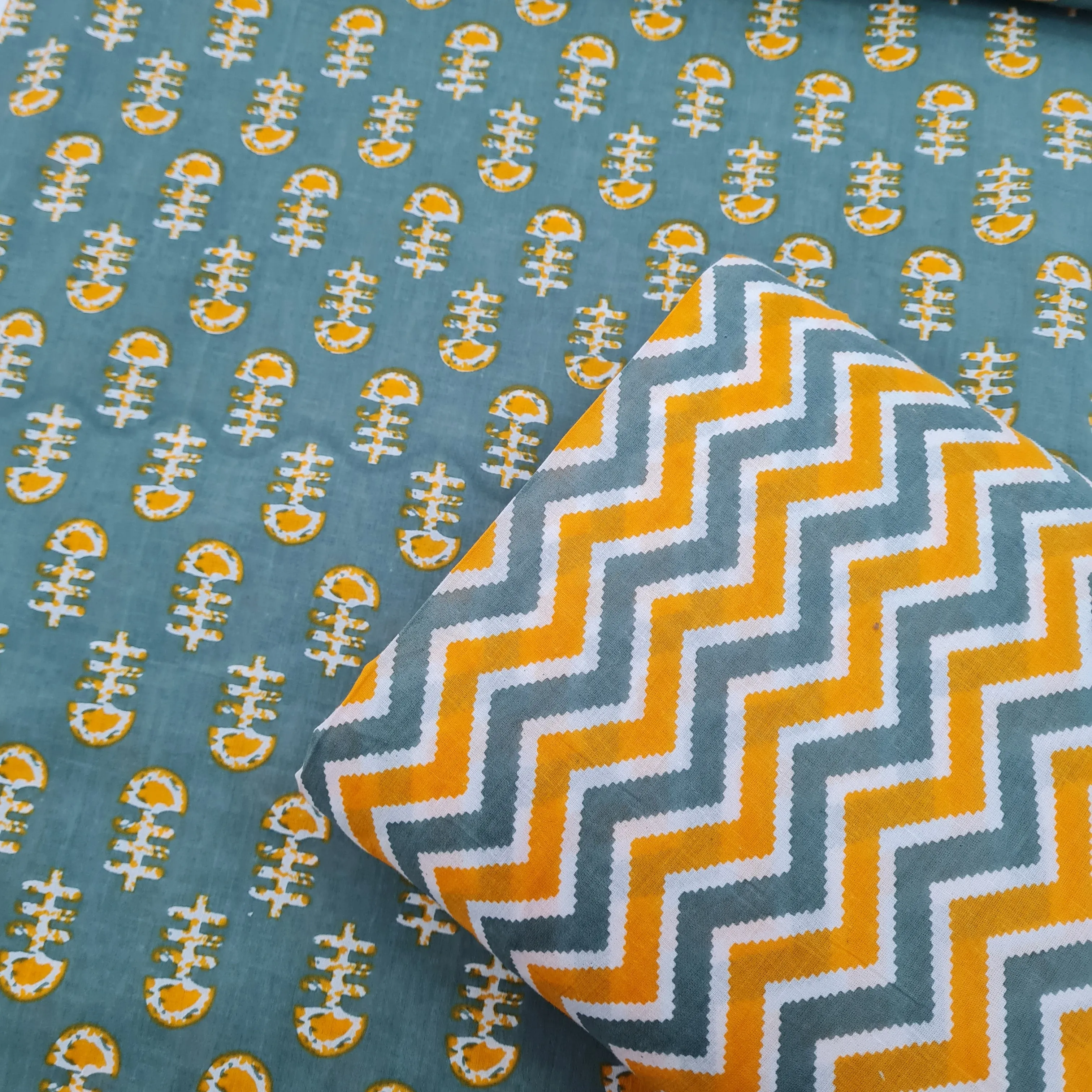 Yellow & Green Chevron Print & Green Handblock Print